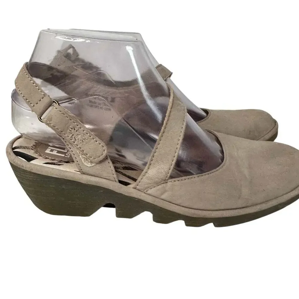Fly London Womens Pele Slingback Shoes Taupe Leather Closed Toe EU 38